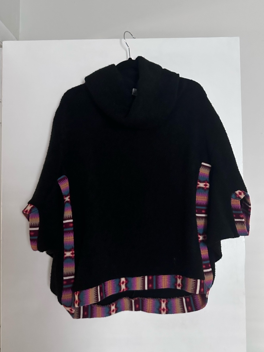 Black Turtleneck Poncho with Multicolor Southwestern Trim